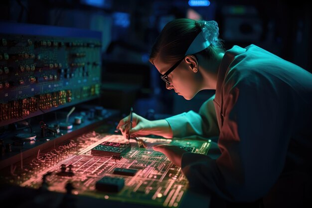 Tecnico che lavora su una complessa serie di componenti elettronici IA generativa