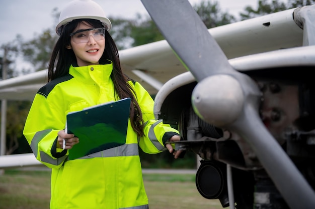 Tecnico che ripara il motore dell'aeroplanoIngegneria aerospaziale femminile che controlla i motori aeronauticiLa manutenzione meccanica asiatica ispeziona il motore dell'aereo