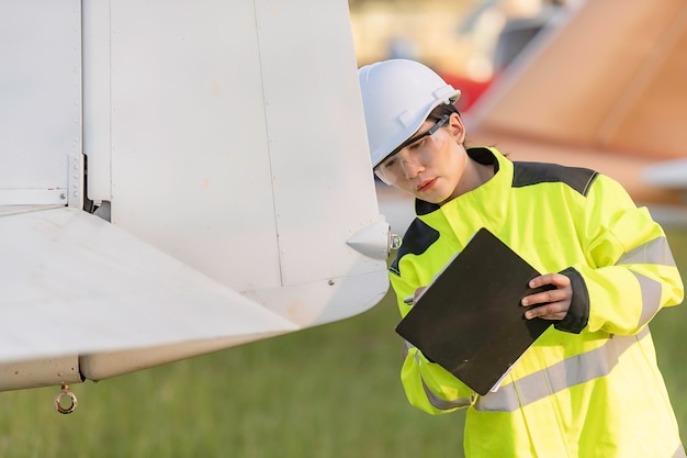 Tecnico che ripara il motore dell'aeroplanoIngegneria aerospaziale femminile che controlla i motori aeronauticiLa manutenzione meccanica asiatica ispeziona il motore dell'aereo