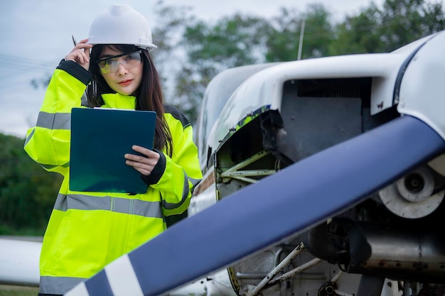 Tecnico che ripara il motore dell'aeroplanoIngegneria aerospaziale femminile che controlla i motori aeronauticiLa manutenzione meccanica asiatica ispeziona il motore dell'aereo