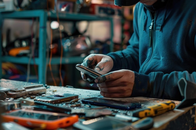 Tecnico che ripara il telefono cellulare in officina