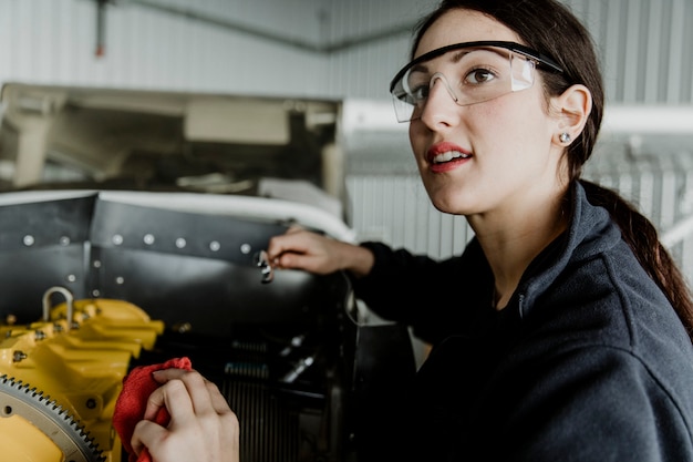 Tecnico dell'aviazione femminile che ripara il motore di un aereo a elica