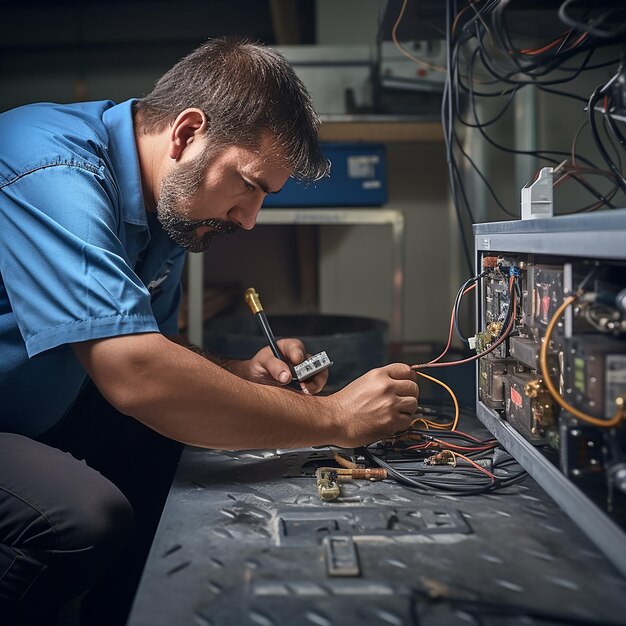 Tecnico di servizio del sistema HVAC che utilizza l'uomo di misurazione