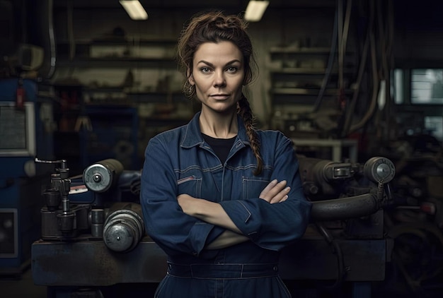 tecnico di servizio femminile con le braccia incrociate su una panchina di officina in un negozio di riparazione automobilistica