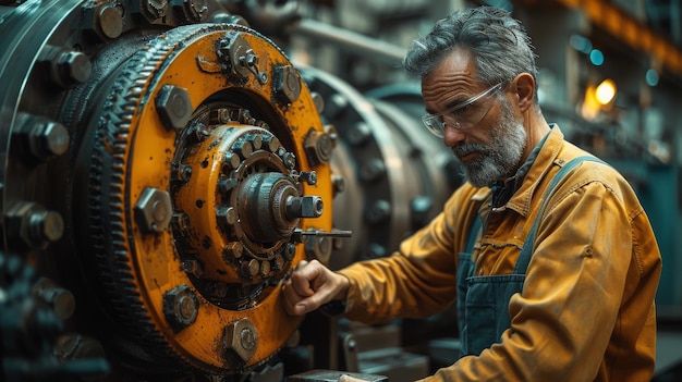 Tecnico ispeziona macchinari industriali in una fabbrica di acciaio Ingegneri lavorano alla fissazione di macchine industriali Tecnico tiene pinze di misurazione