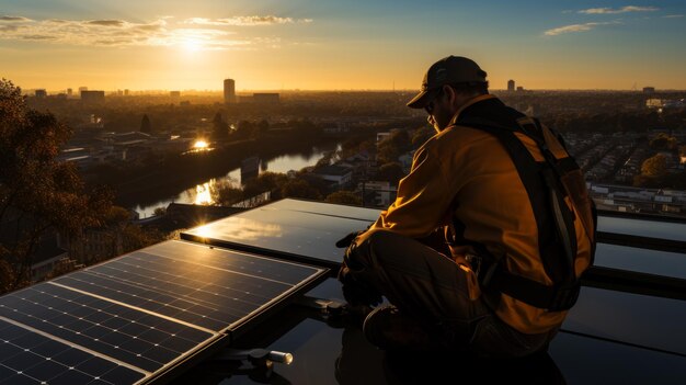 Tecnico maschio che installa moduli solari Ingegnere che lavora con pannelli solari IA generativa