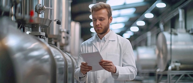 Tecnico professionista maschio caucasico che indossa un abito bianco che gestisce una macchina di produzione e esegue il controllo della qualità in una fabbrica alimentare