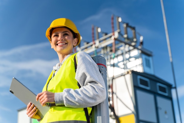 Tecnico solare agricolo Donna che guarda lontano con un sorriso di piacere mentre lavora con la tavoletta elettronica Concetto di lavoratore esperto