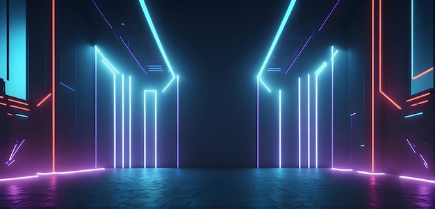 Tecnologia 3d astratta luce al neon sfondo spazio vuoto scena riflettore notte oscura virtuale