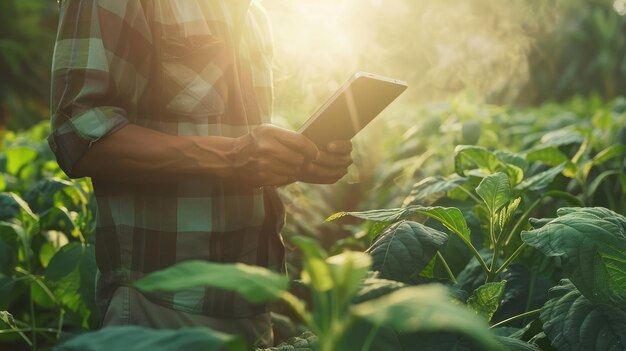 Tecnologia agricola contadino uomo che utilizza tablet computer analisi dei dati agricoltore intelligente che lavora nell'industria delle fattorie di tabacco con luce di accensione al mattino e tono vintage