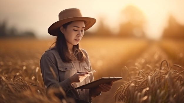 Tecnologia agricola Per indagare sull'agricoltura e l'IA generativa, una contadina stringe in mano un tablet