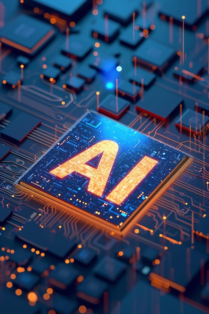 Tecnologia AI Glowing Chip di intelligenza artificiale su una scheda di circuito dettagliata