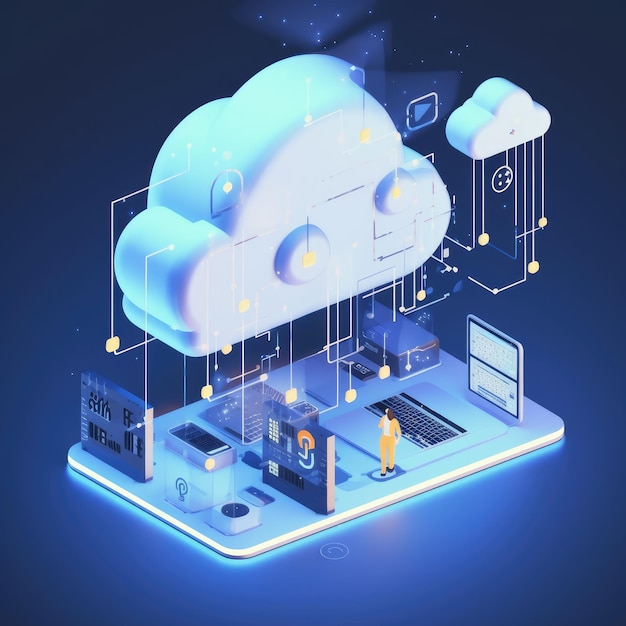 Tecnologia cloud computing Connesso all'archiviazione digitale nel data center tramite Internet AI generativa