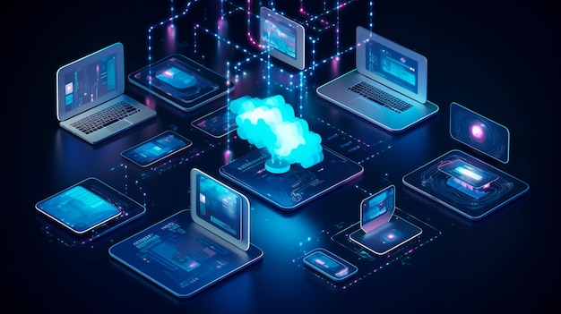 Tecnologia cloud computing Dispositivi connessi all'archiviazione digitale nel data center tramite Internet IOT Smart Home Communication laptop Generative AI