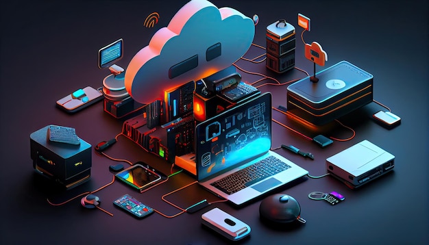 Tecnologia cloud Computing Dispositivi connessi all'archiviazione digitale nel data center tramite Internet IOT Smart Home Communication laptop tablet telefono dispositivi domestici con connessione online