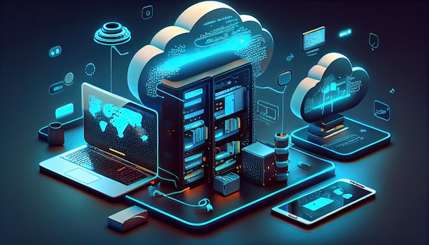 Tecnologia cloud Computing Dispositivi connessi all'archiviazione digitale nel data center tramite Internet IOT Smart Home Communication laptop tablet telefono dispositivi domestici con connessione online