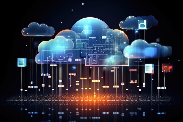 Tecnologia Cloud Trasferimento di reti di dati Cloud Computing Sfondi digitali Comunicazione di dati aziendali Server e archiviazione Illustrazione generativa di AI
