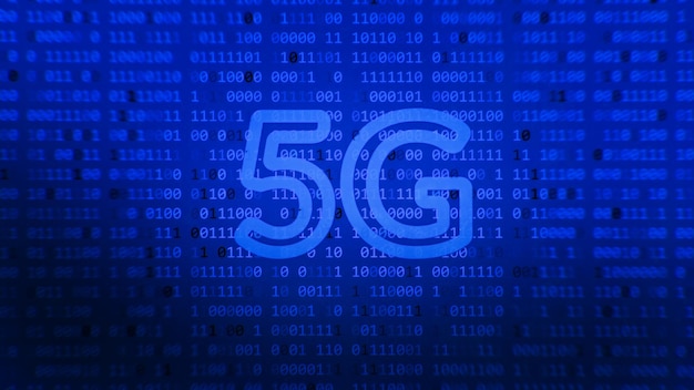 Tecnologia dei dati di connessione dell'innovazione ad alta velocità della rete globale 5G. 5G brillante su sfondo di colore blu scuro. concetto di codice di velocità.