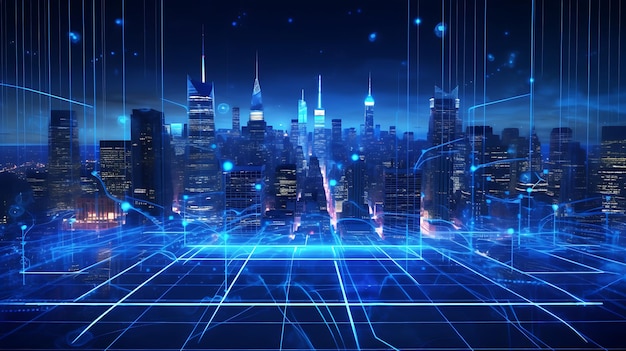 Tecnologia della città con luce blu luminosa e sfondo della città