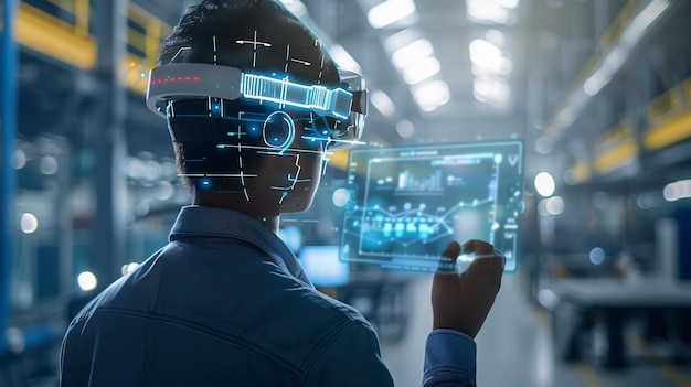 Tecnologia della realtà virtuale per la gestione dei magazzini Concetto di tecnologia per la rivoluzione industriale e il controllo logistico automatizzato