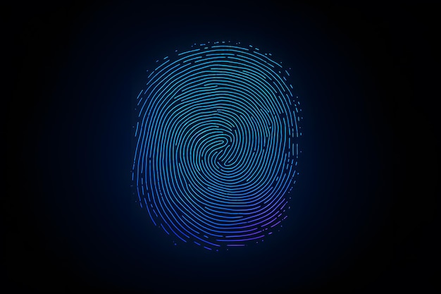 Tecnologia di accesso alla sicurezza informatica Scansione delle impronte digitali su sfondo blu intenso AI
