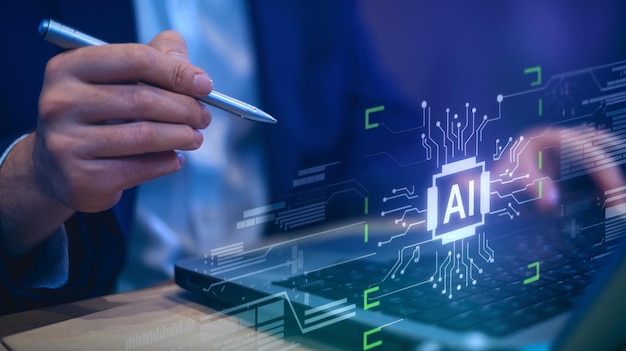 Tecnologia di chat AI Imprenditore utilizza smartphone con schermo virtuale di chatbot AI per comunicare