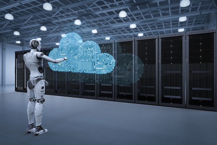 Foto tecnologia di cloud computing con robot con circuito cloud nella sala server