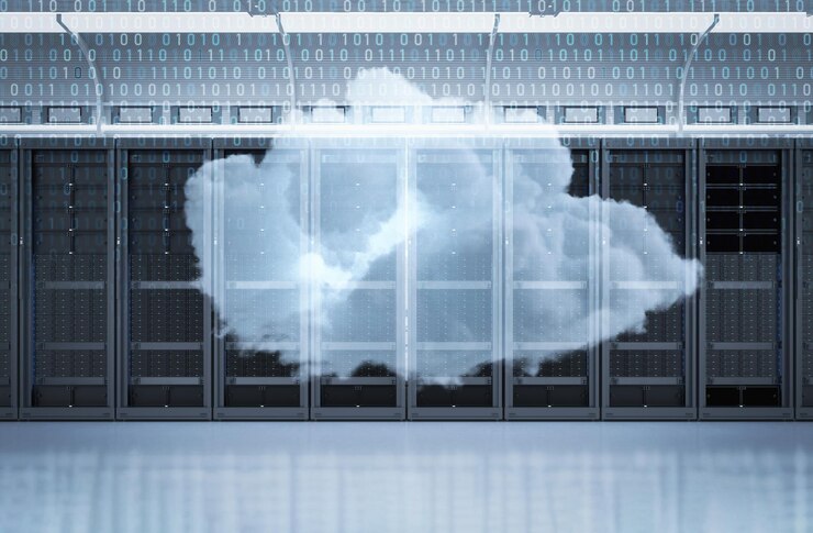 Foto tecnologia di cloud computing con sala server di rendering 3d