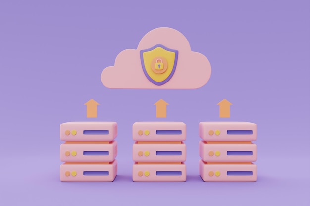 Tecnologia di cloud computing e archiviazione dati online per il concetto di rete aziendale Rack server con sistema di protezione di sicurezza rendering 3d