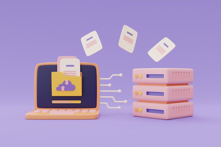 Foto tecnologia di cloud computing e archiviazione di dati online per il concetto di rete aziendale trasferimento di file di documenti tra il laboratorio del computer e i rack del server rendering 3d