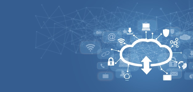 Tecnologia di cloud computing su sfondo blu.