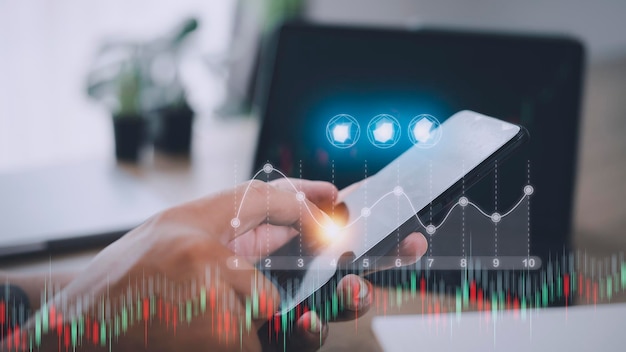 Tecnologia di finanza aziendale e concetto di investimento Investimenti del mercato azionario Fondi e risorse digitali Uomo d'affari che analizza i dati finanziari del grafico di trading forex Sfondo finanziario aziendale