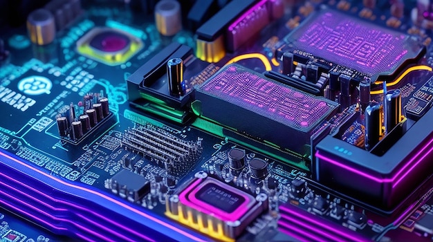 Tecnologia di primo piano della scheda madre Scheda di circuito integrato a microchip Processore per computer con luce al neon