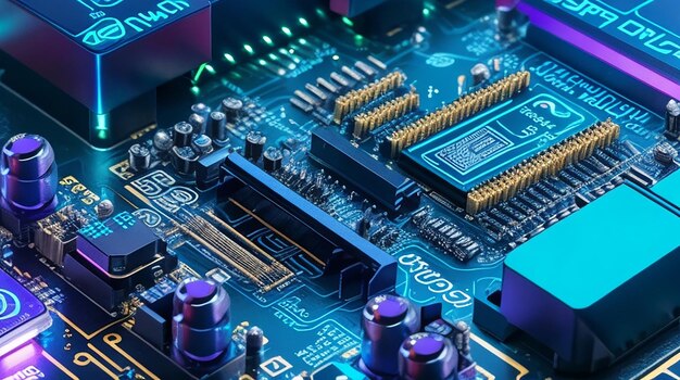 Tecnologia di primo piano della scheda madre Scheda di circuito integrato a microchip Processore per computer con luce al neon