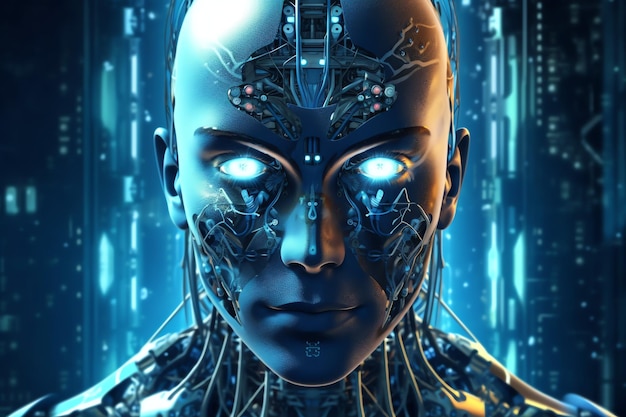 Tecnologia di rendering 3D robotica analisi dei dati o cyborg futuristico con intelligenza artificiale
