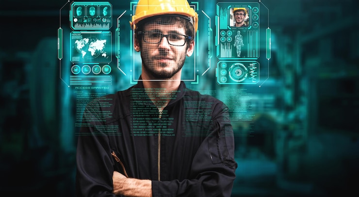Foto tecnologia di riconoscimento facciale per l'accesso dei lavoratori dell'industria al controllo della macchina