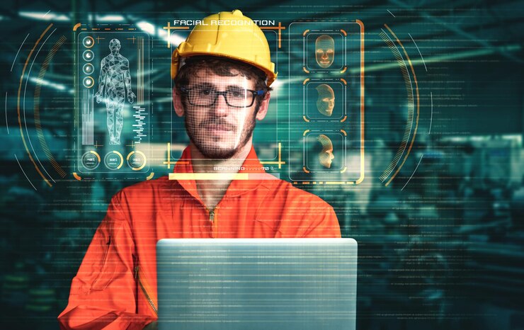 Foto tecnologia di riconoscimento facciale per l'accesso dei lavoratori dell'industria al controllo della macchina