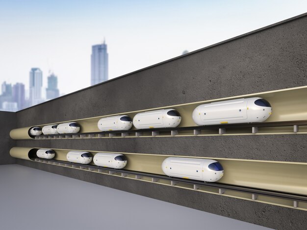 Tecnologia di trasporto con rendering 3d di treni di automazione ad alta velocità nei tunnel