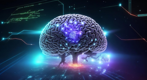 tecnologia digitale cervello umano con effetti di luce su sfondo blu e accessori tecnologiciai