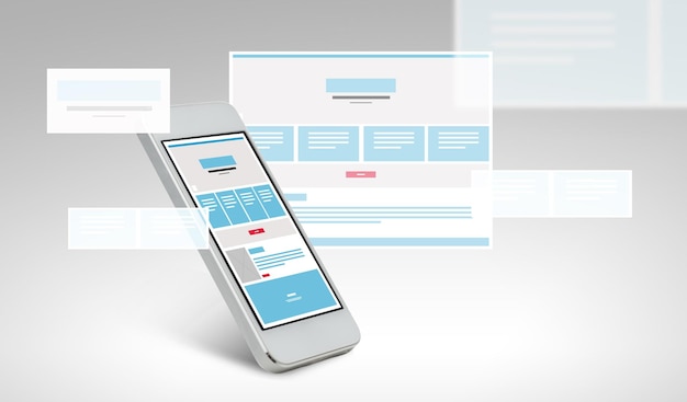 tecnologia e concetto di design - smartphone con modello di progettazione di pagine web sullo schermo
