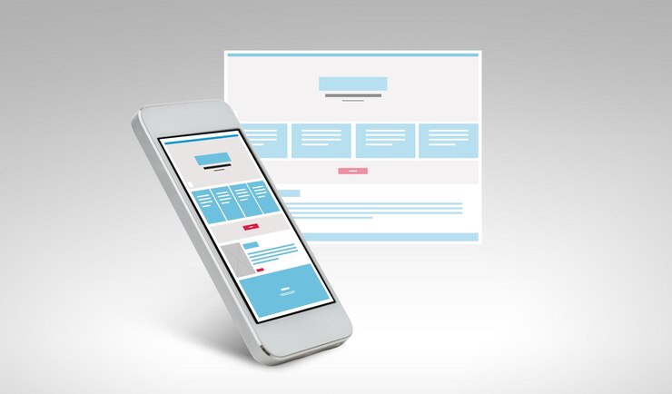 Foto tecnologia e concetto di design - smartphone con modello di progettazione di pagine web sullo schermo
