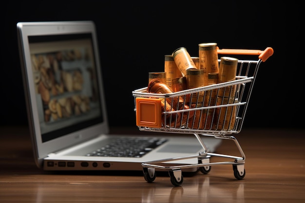 Tecnologia e vendita al dettaglio Mini Shopping Trolley con Laptop Generative Ai