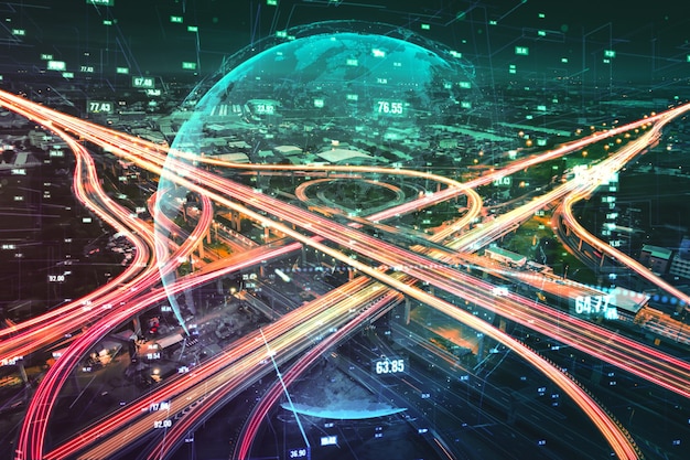 Tecnologia futuristica di trasporto su strada con grafica di trasferimento dati digitale