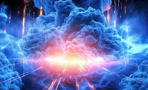 Tecnologia futuristica disegno di sfondo di esplosione di fumo blu con particelle luminose