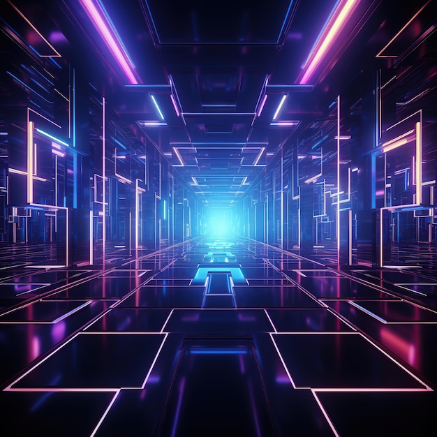 Tecnologia futuristica Neon Tunnel sfondo moderno Luce ultravioletta fluorescente AI immagine generata