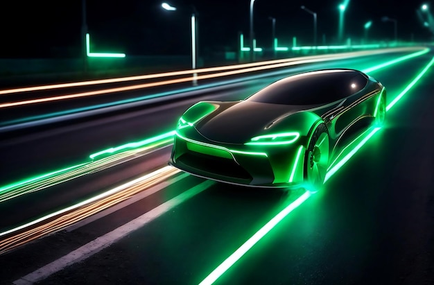 Tecnologia futuristica per veicoli elettrici, rendering 3d su autostrada al neon generata ai