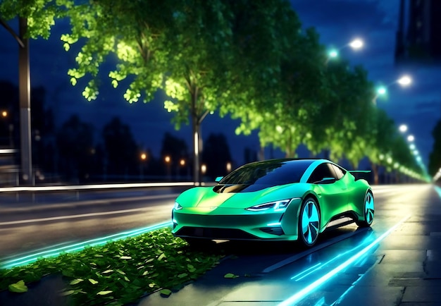 Tecnologia futuristica per veicoli elettrici, rendering 3d su autostrada al neon generata ai