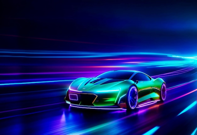 Tecnologia futuristica per veicoli elettrici, rendering 3d su autostrada al neon generata ai