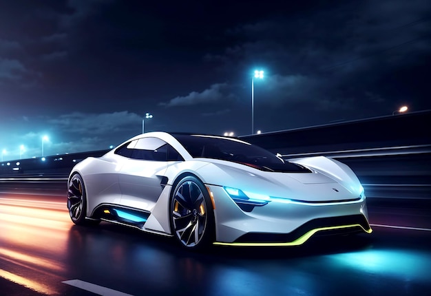 Tecnologia futuristica per veicoli elettrici, rendering 3d su autostrada al neon generata ai