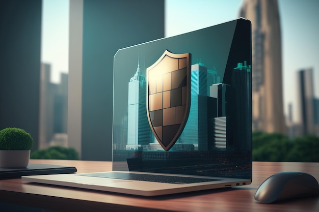 Tecnologia internet sicurezza informatica e anti virus concetto online scudo di sicurezza con l'icona del segno di spunta sullo schermo del monitor del computer portatile contemporaneo sul tavolo di quercia sopra la torre e il grattacielo della città dell'ufficio